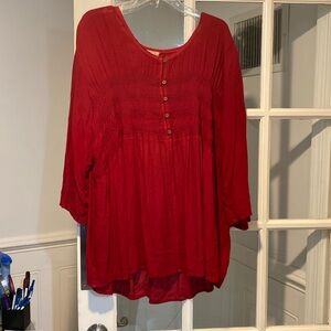 Avenue Red Peasant-Style Button Front Tunic